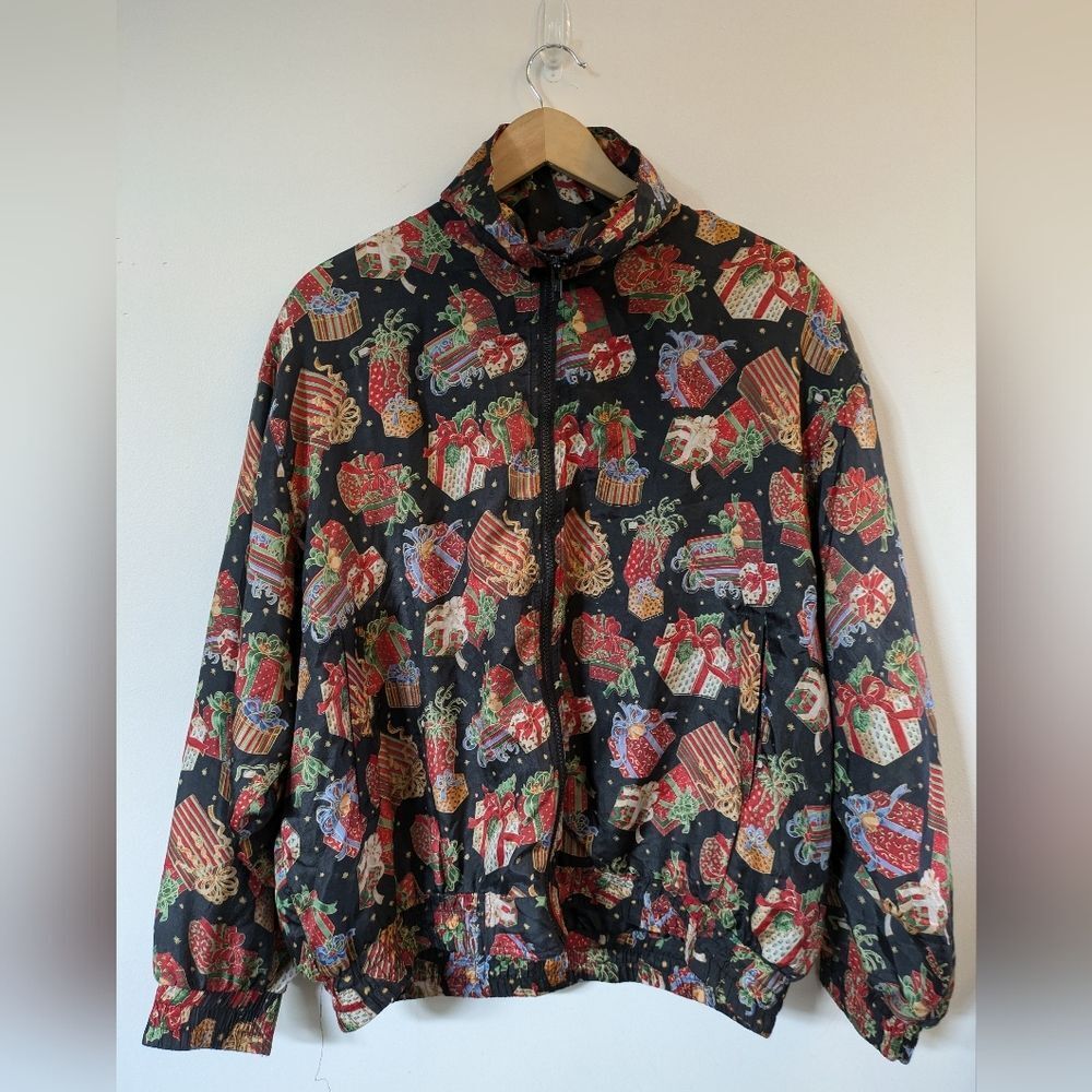 Vintage 100% Silk 90s Windbreaker Ugly Christmas Holiday Sweater Bomber 1X